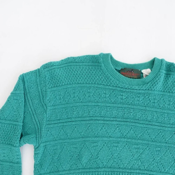 Vintage Parkhurts Teal 60% Cotton Knit Crewneck Sweater Size Large - Picture 10 of 12